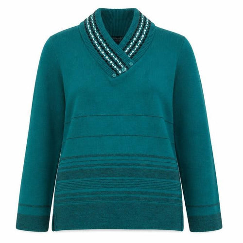 Envy Womens Green V-Neck Striped Acrylic Pullover Jumper Size XS