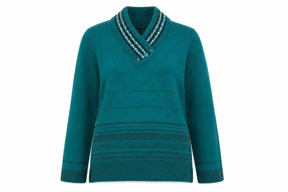 Envy Womens Green V-Neck Striped Acrylic Pullover Jumper Size XS