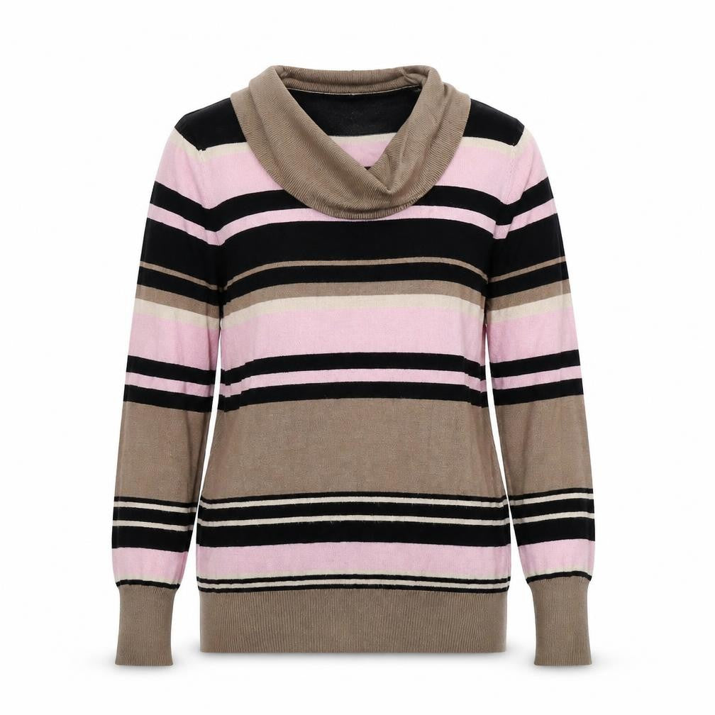 Front view of Marks & Spencer women’s multicoloured round neck striped viscose jumper, size UK 12