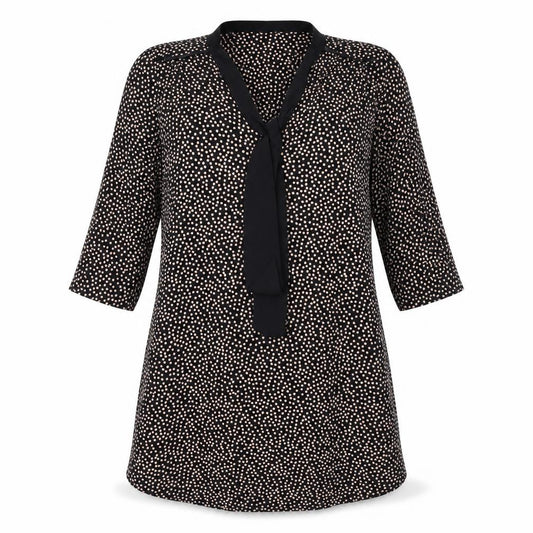 Front view of Nine women’s black polka dot polyester a-line, size UK 8, v-neck pullover