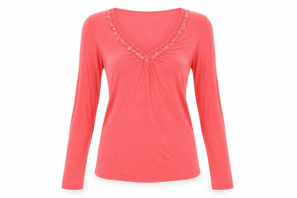 Front view of Promod women’s red cotton basic t-shirt, size M, v-neck