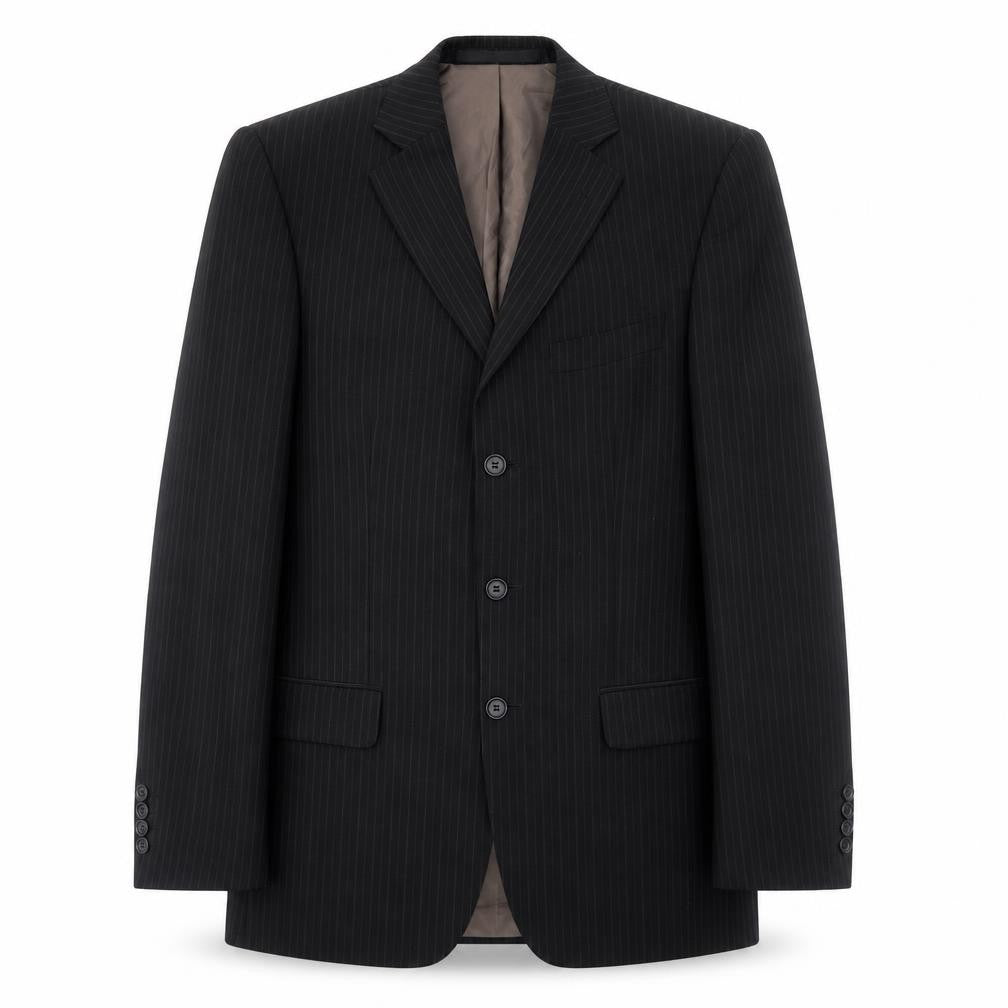 Front view of Marks & Spencer men’s black striped polyester jacket suit jacket, size 38, regular