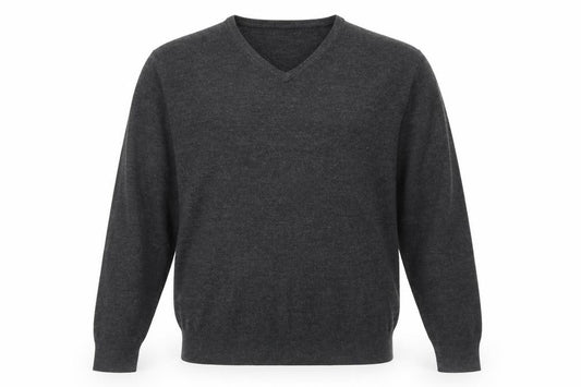 Front view of Easy men’s grey v-neck acrylic jumper, size L, long sleeve
