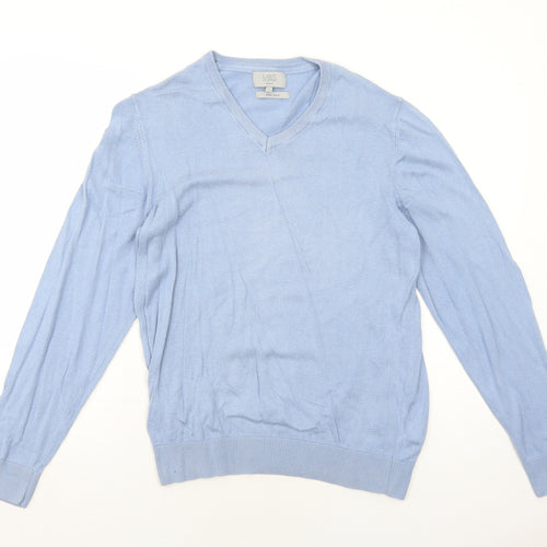 Marks and Spencer Mens Blue V-Neck Cotton Pullover Jumper Size M Long Sleeve