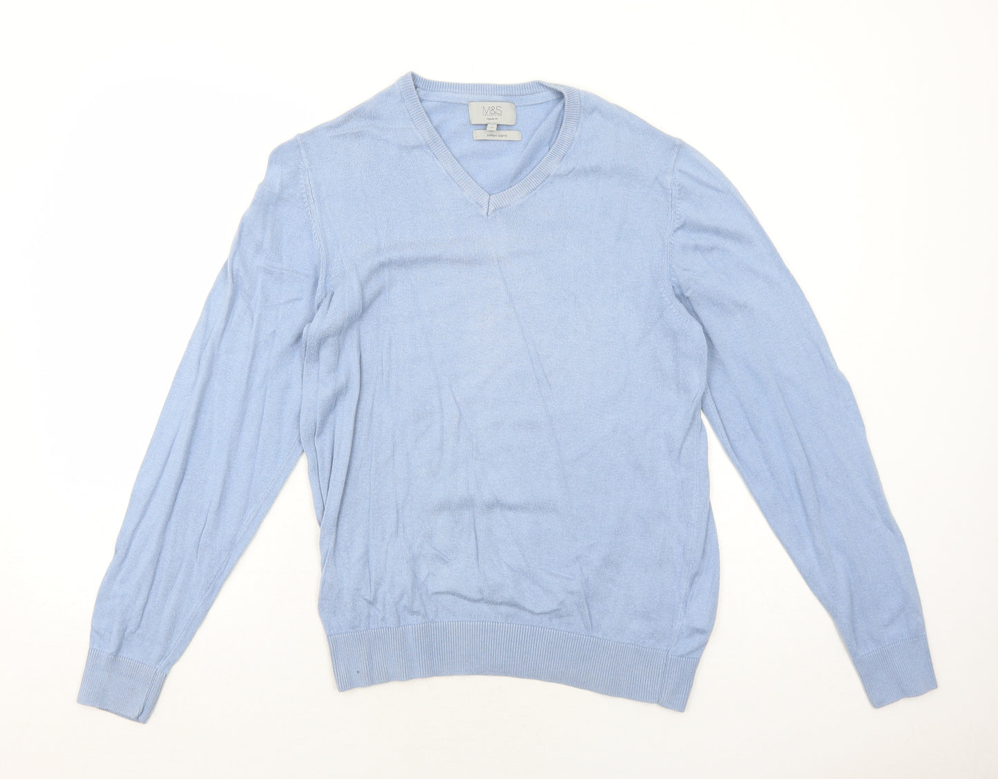 Marks and Spencer Mens Blue V-Neck Cotton Pullover Jumper Size M Long Sleeve