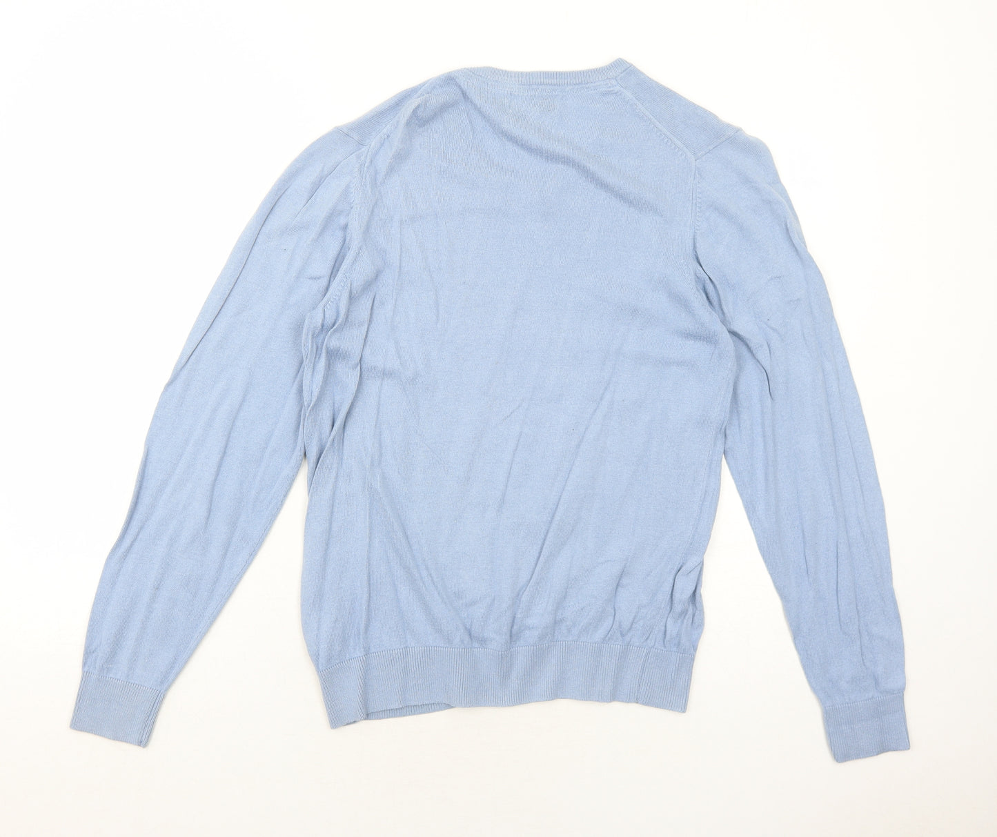 Marks and Spencer Mens Blue V-Neck Cotton Pullover Jumper Size M Long Sleeve