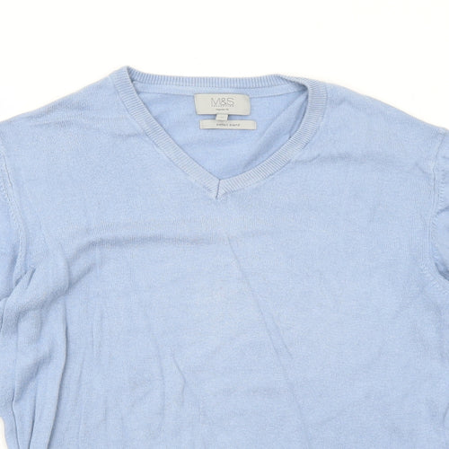 Marks and Spencer Mens Blue V-Neck Cotton Pullover Jumper Size M Long Sleeve