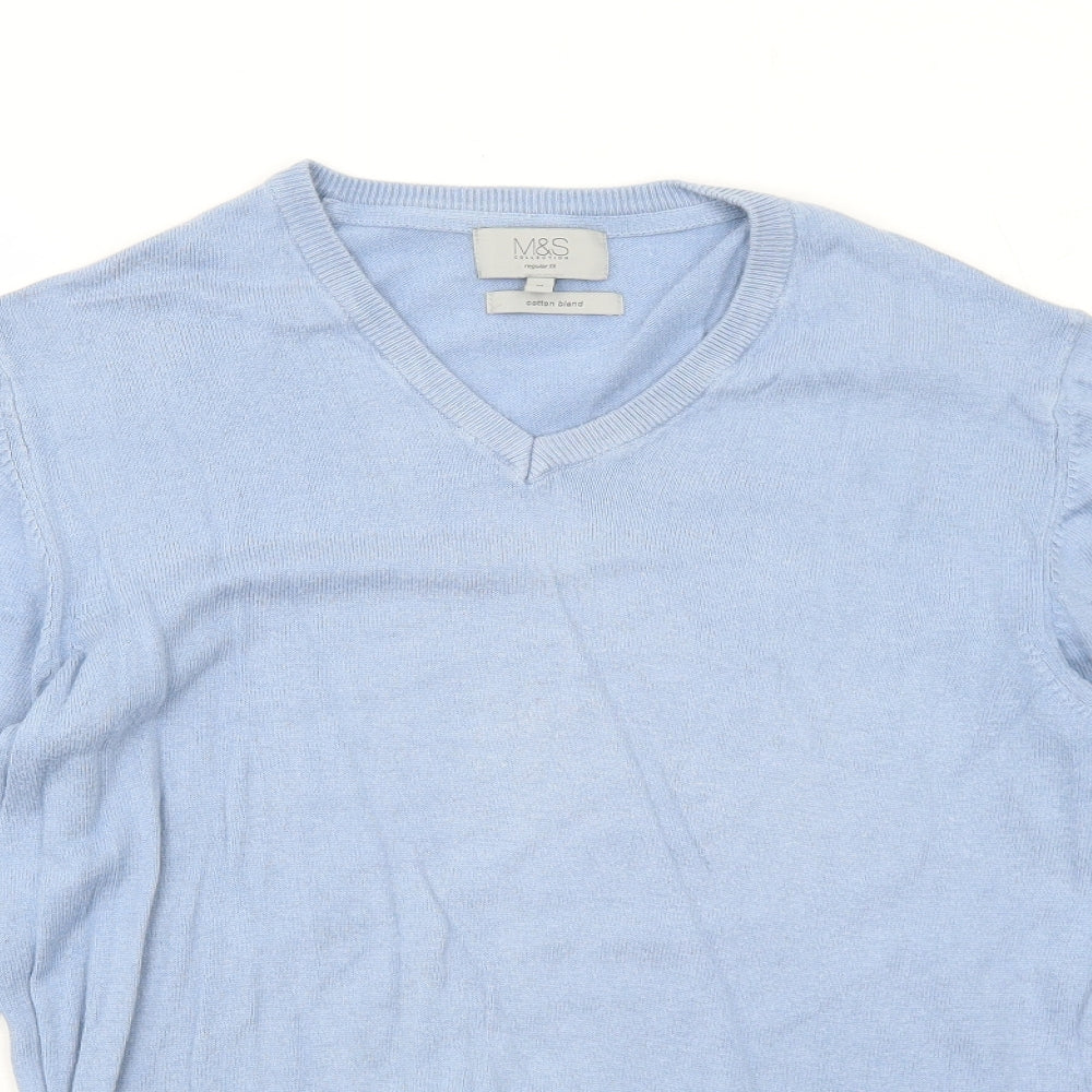 Marks and Spencer Mens Blue V-Neck Cotton Pullover Jumper Size M Long Sleeve