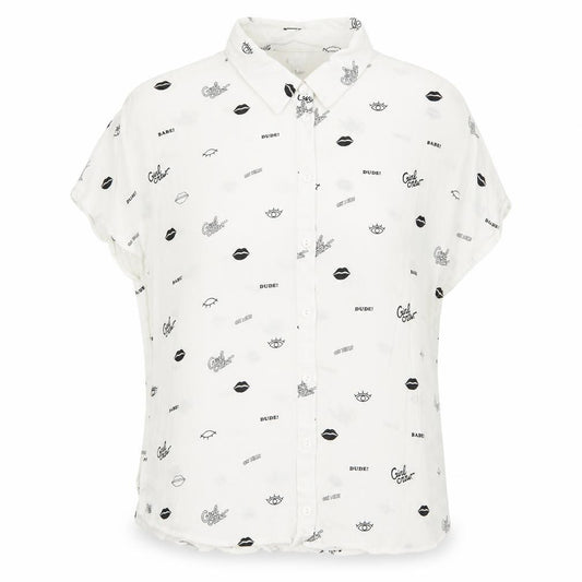 Front view of H&M women’s white geometric viscose basic button-up, size UK 4, collared