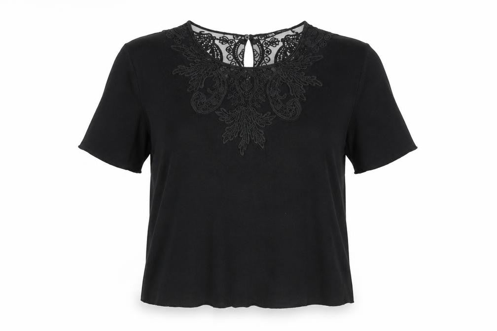 Front view of Zara women’s black viscose basic blouse, size M, round neck - lace details