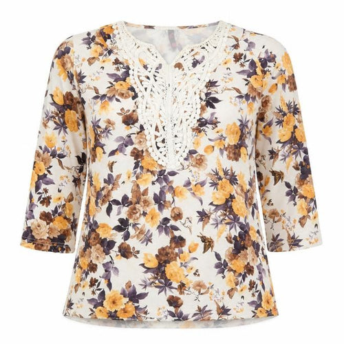 Hey! Womens Yellow Floral Polyester Basic Blouse Size XL V-Neck - Crochet Detail