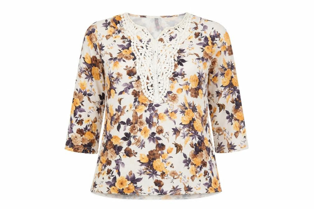 Hey! Womens Yellow Floral Polyester Basic Blouse Size XL V-Neck - Crochet Detail