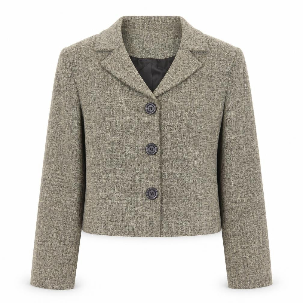 Front view of Lakeland women’s brown geometric jacket blazer, size UK 12, button