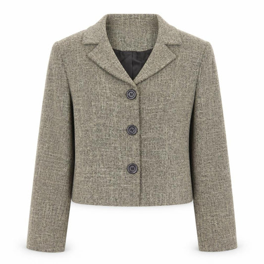 Front view of Lakeland women’s brown geometric jacket blazer, size UK 12, button