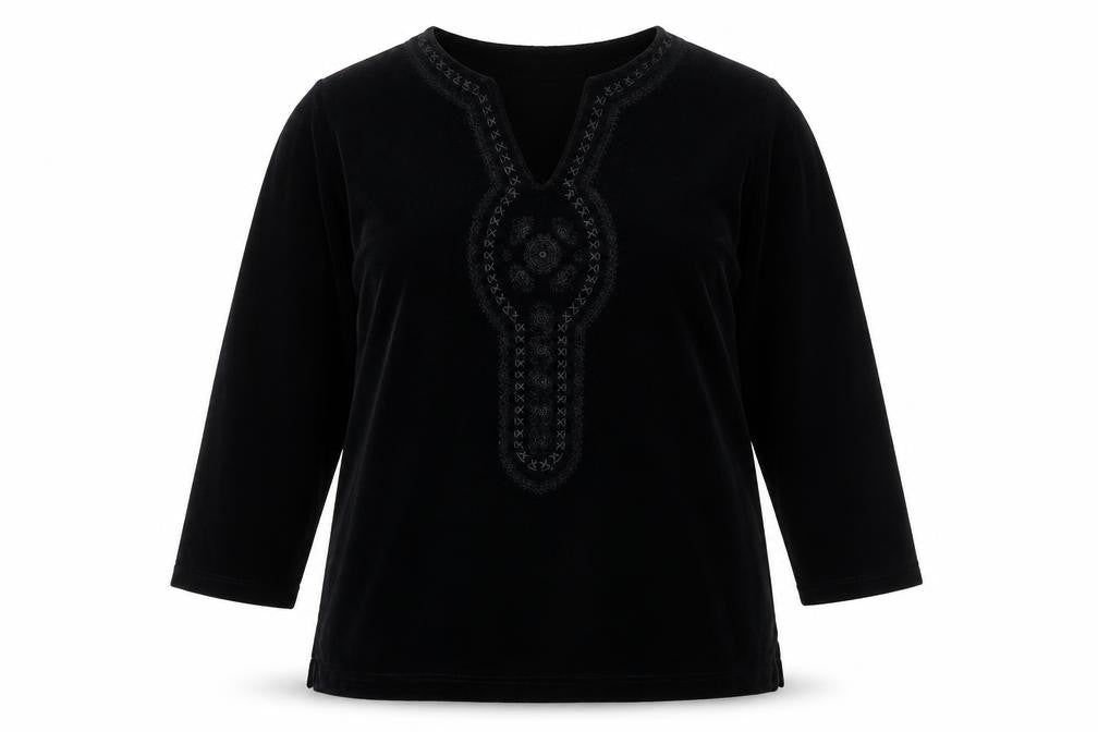 Front view of ELVI women’s black cotton basic blouse, size M, v-neck