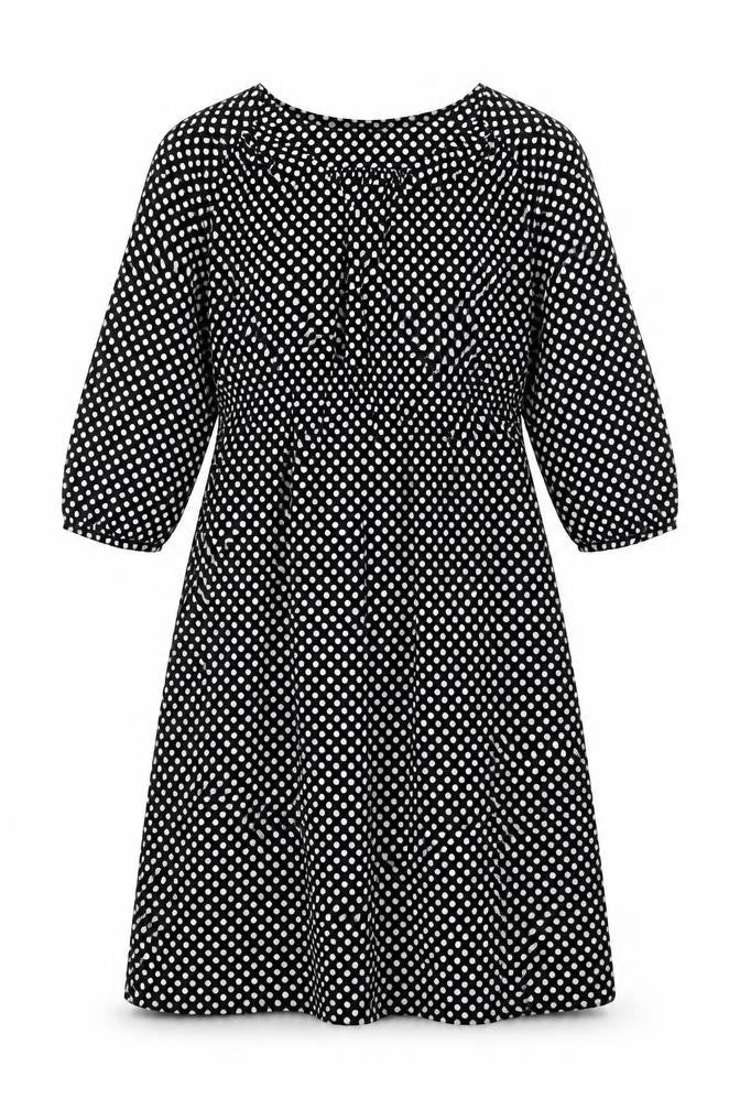 Front view of H&M women’s black polka dot polyester trapeze & swing, size S, v-neck pullover