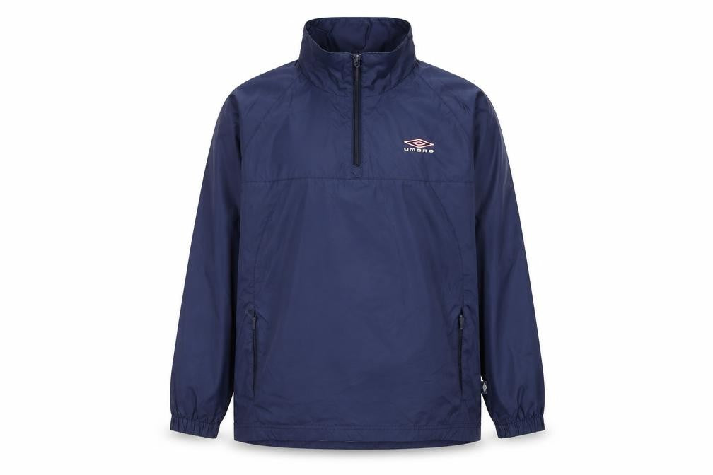 Front view of Umbro boys’ blue anorak jacket, size S, zip