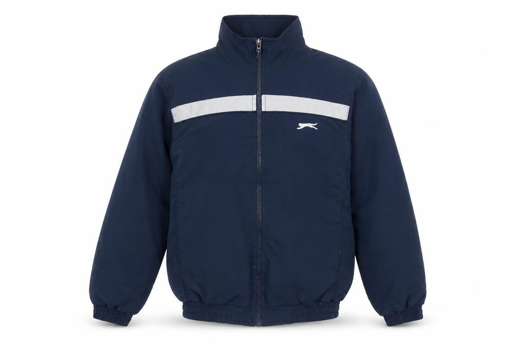 Front view of Slazenger boys’ blue jacket, size 7-8, years zip