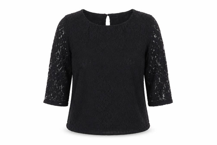 Mango Womens Black Geometric Polyester Basic Blouse Size S Round Neck