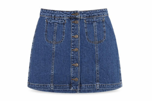 Front view of Topshop women’s blue cotton a-line skirt, size UK 26, in button