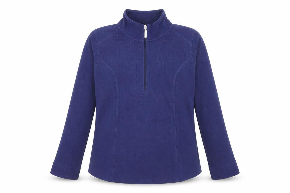 Front view of D&Co. women’s blue cotton pullover sweatshirt, size M, zip