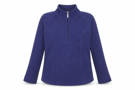 Front view of D&Co. women’s blue cotton pullover sweatshirt, size M, zip