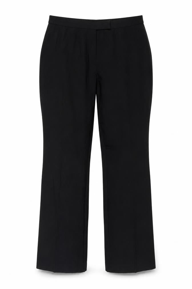 Front view of Marks & Spencer women’s black polyester trousers, size UK 14, regular hook & eye