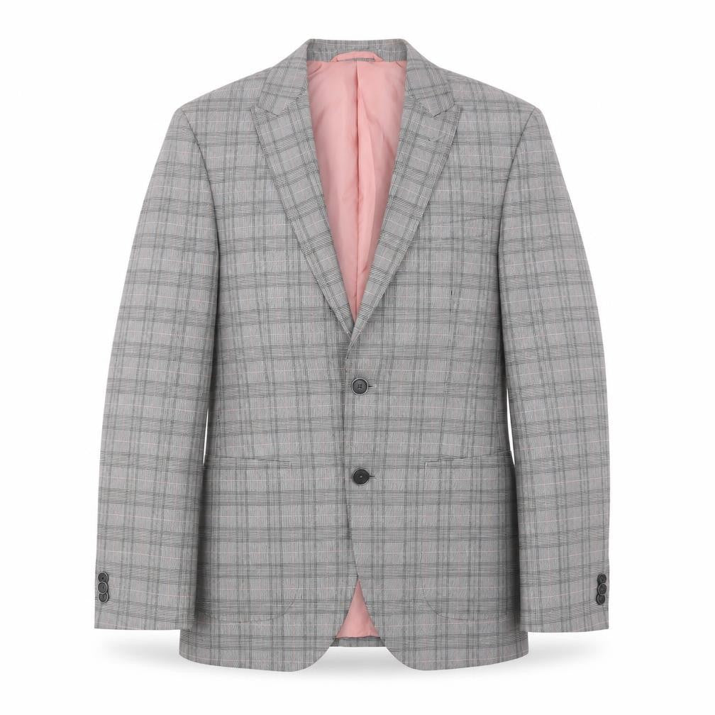 Front view of Marks & Spencer men’s grey plaid polyester jacket suit jacket, size 36, regular