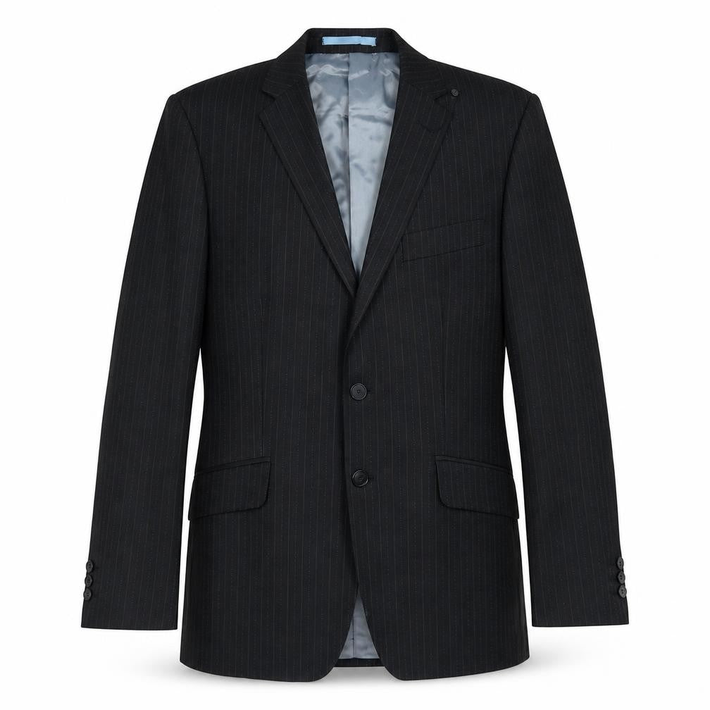Front view of Burton men’s black striped polyester jacket suit jacket, size 38, regular
