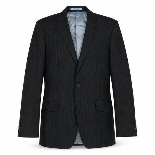 Front view of Burton men’s black striped polyester jacket suit jacket, size 38, regular