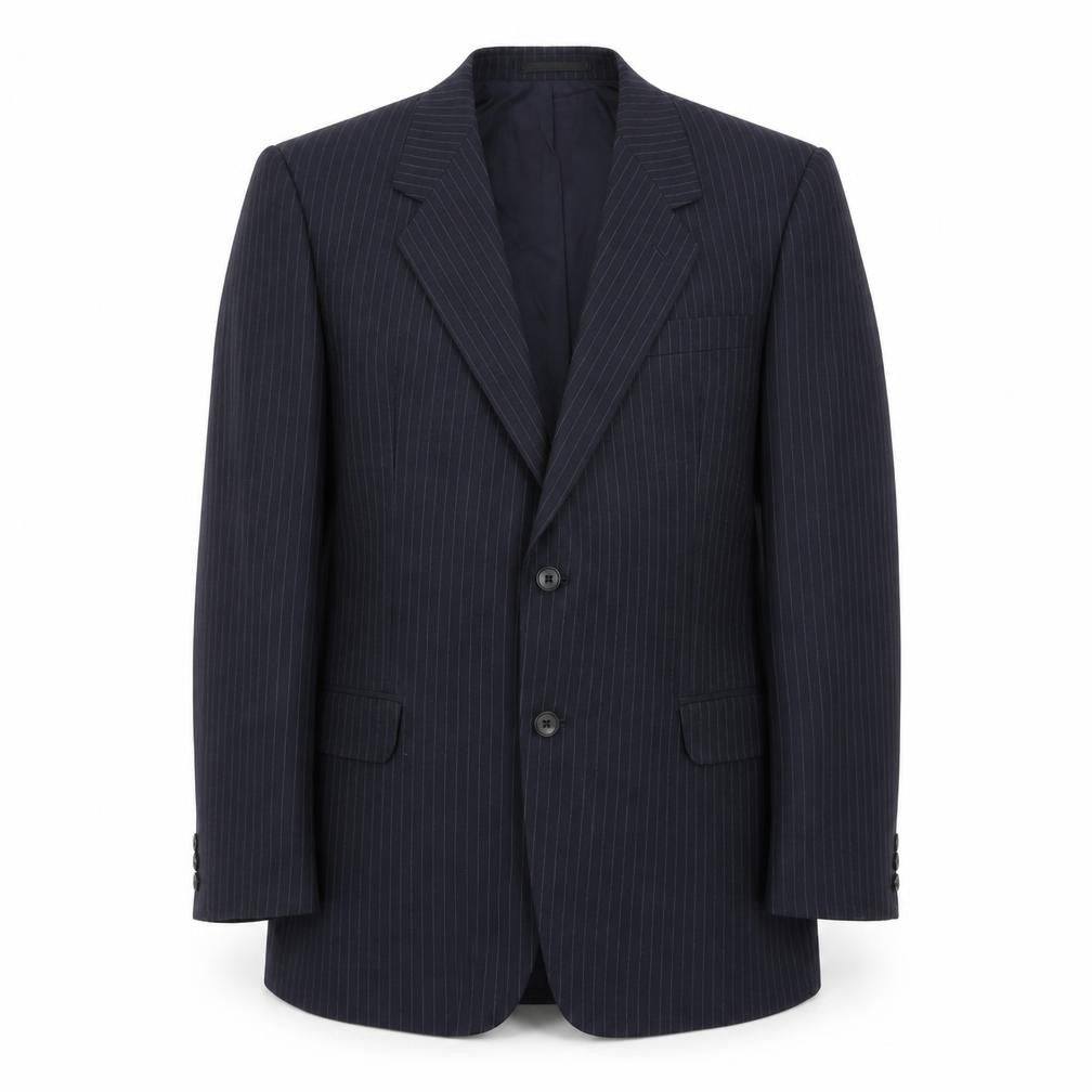Front view of C&A men’s blue striped polyester jacket suit jacket, size 44, regular