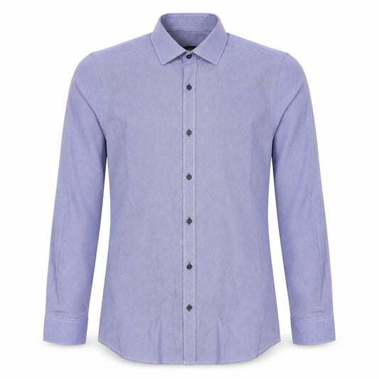 Front view of Next men’s blue check polyester dress shirt, size 14.5 collared button