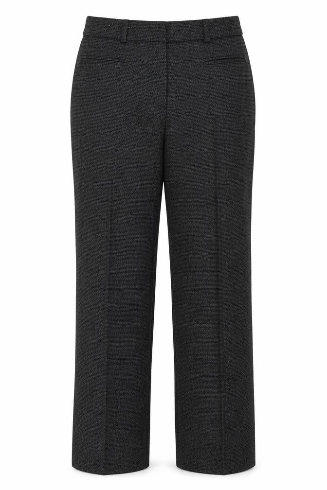 Front view of Next women’s black geometric polyester trousers, size UK 12, regular zip