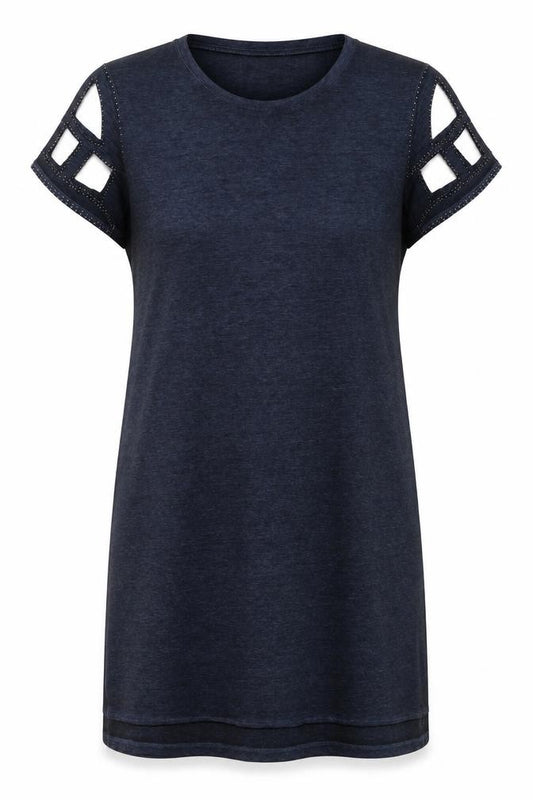 Front view of Label Lab women’s blue herringbone cotton a-line, size UK 12, round neck pullover
