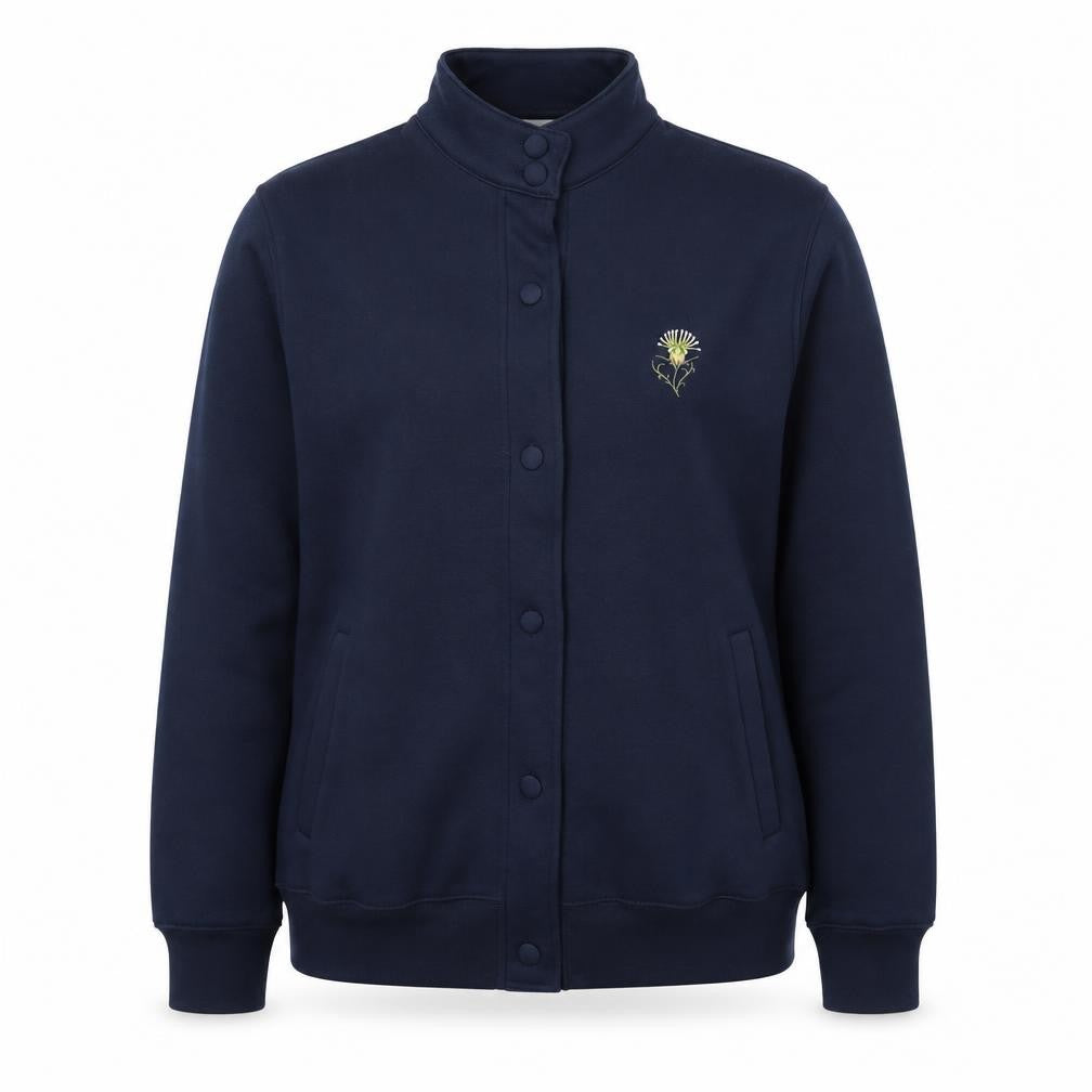 Front view of Damart women’s blue polyester pullover sweatshirt, size UK 12, button -, size UK 12-14