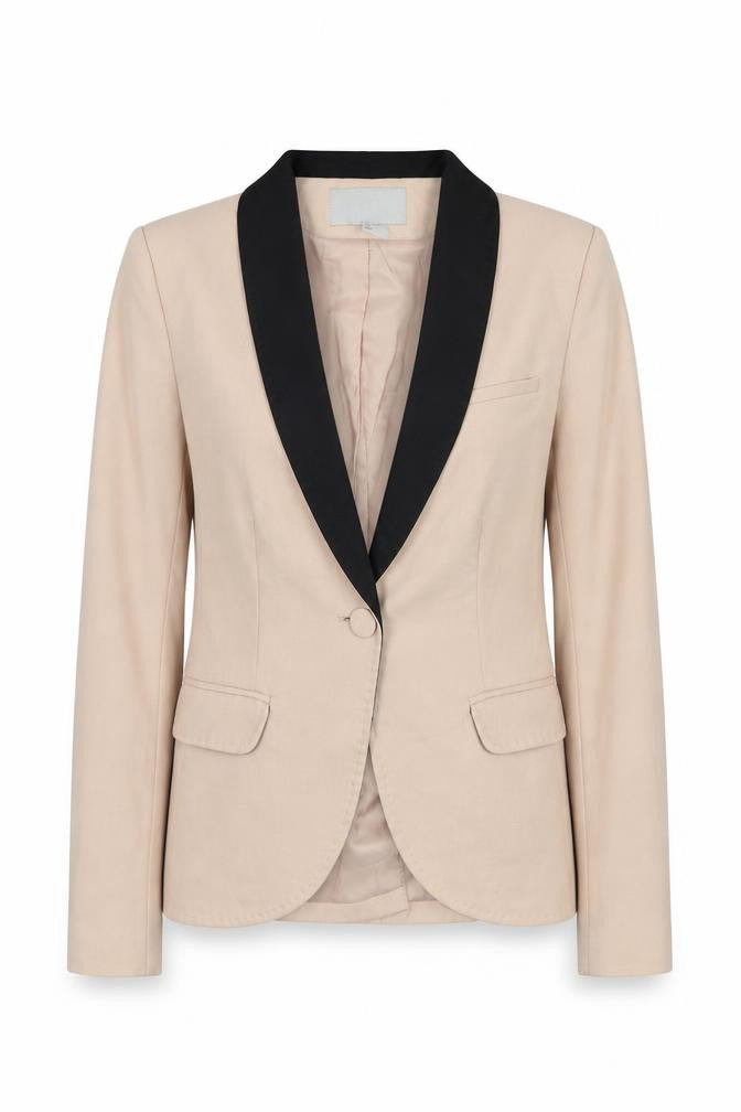 Front view of H&M women’s beige polyester jacket suit jacket, size UK 4