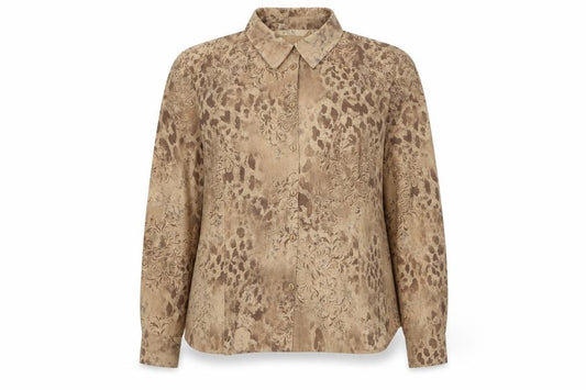 Front view of EWM women’s beige geometric polyester basic button-up, size UK 20, collared