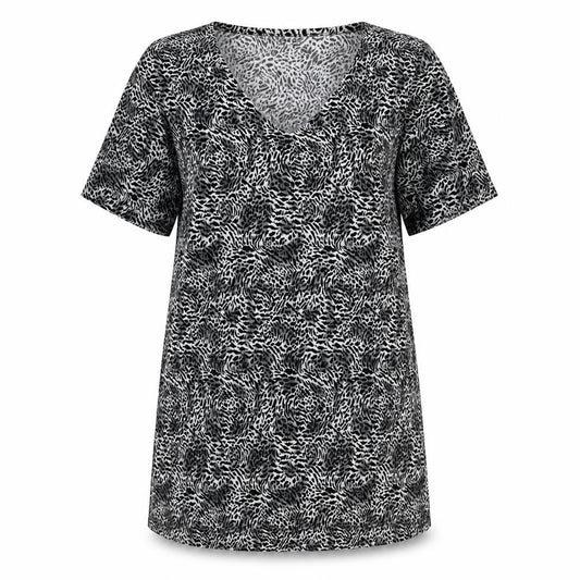 Front view of Berkertex women’s black geometric polyester basic t-shirt, size UK 12, round neck