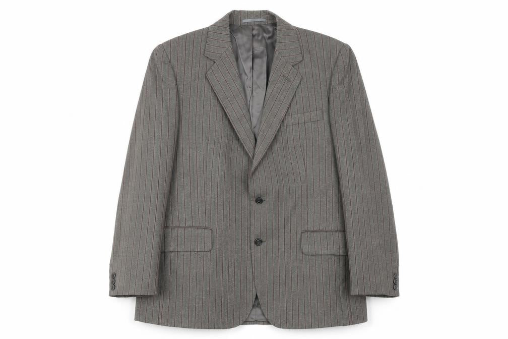 Front view of Keith Mallison men’s grey striped wool jacket suit jacket, size 40, regular