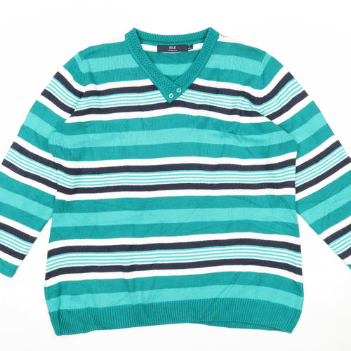 EWM Womens Green V-Neck Striped Acrylic Pullover Jumper Size 18 - Size 18-20