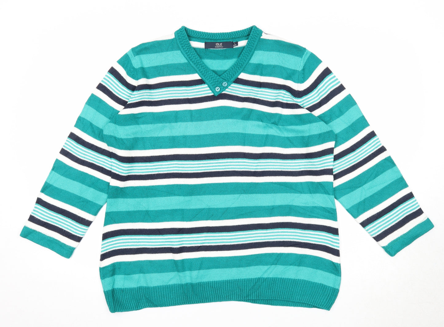 EWM Womens Green V-Neck Striped Acrylic Pullover Jumper Size 18 - Size 18-20