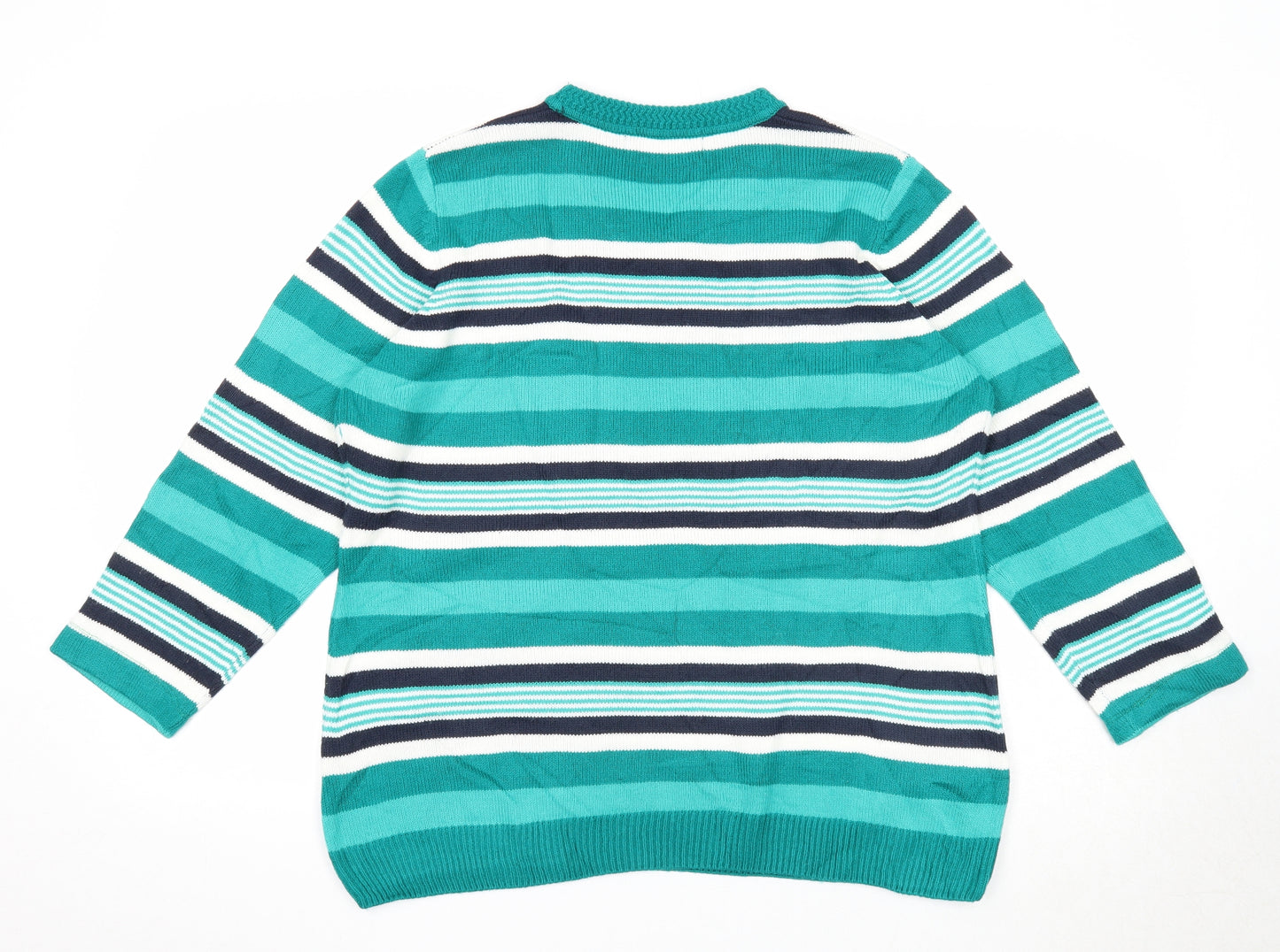 EWM Womens Green V-Neck Striped Acrylic Pullover Jumper Size 18 - Size 18-20