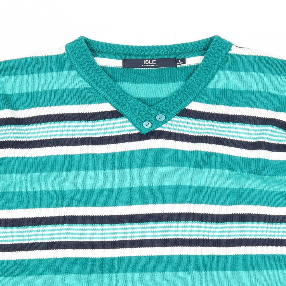 EWM Womens Green V-Neck Striped Acrylic Pullover Jumper Size 18 - Size 18-20