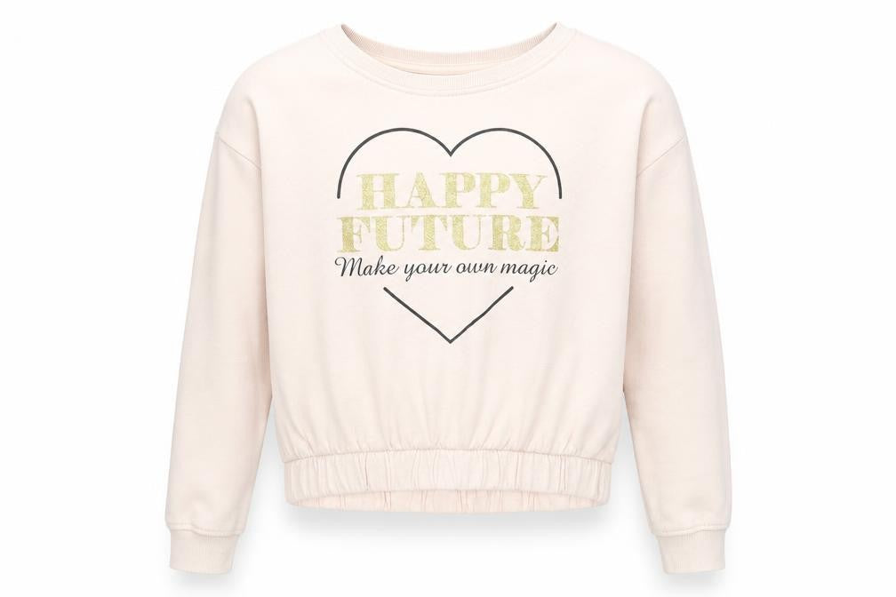 Front view of H&M girls’ pink cotton pullover sweatshirt, size 11-12, years pullover - happy future make your own magic