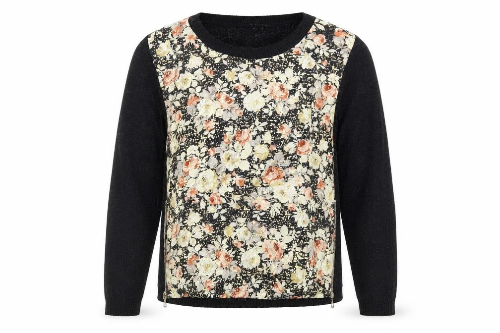 Misumi Womens Black Round Neck Floral Acrylic Pullover Jumper Size M