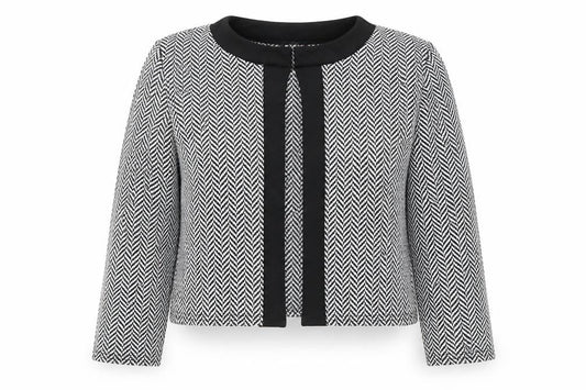 Front view of Evita women’s black round neck herringbone polyester cardigan jumper, size UK 12