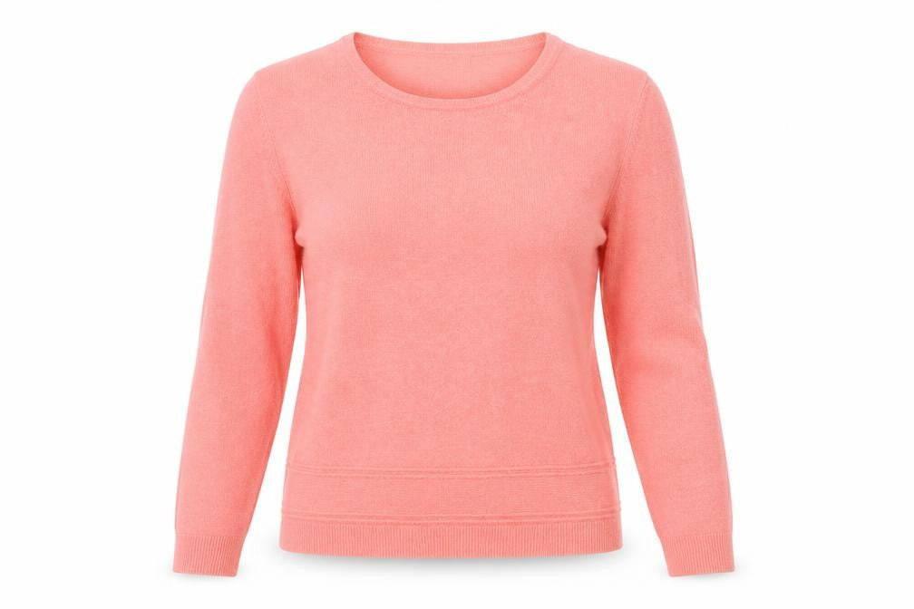 Front view of Vida Vi women’s pink round neck acrylic jumper, size M
