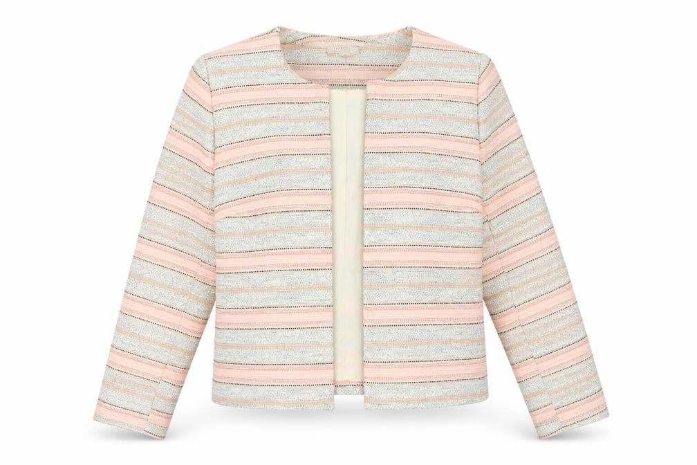 Front view of Bonmarché women’s pink geometric jacket blazer, size L