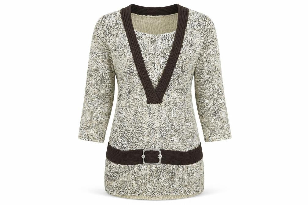 Front view of Just Elegance women’s brown round neck acrylic jumper, size M