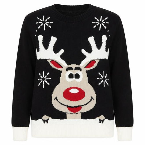 Select Womens Black Round Neck Acrylic Pullover Jumper Size M - Christmas Rudolph